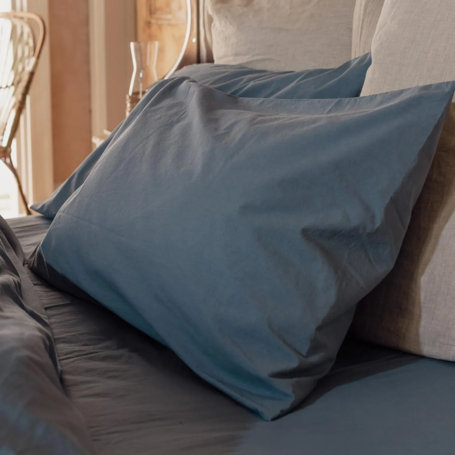 Cove Blue Washed Percale Cotton Pillowcases (Pair)