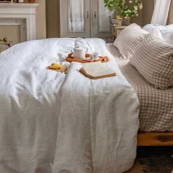 Mushroom Gingham 100% Linen Fitted Sheet