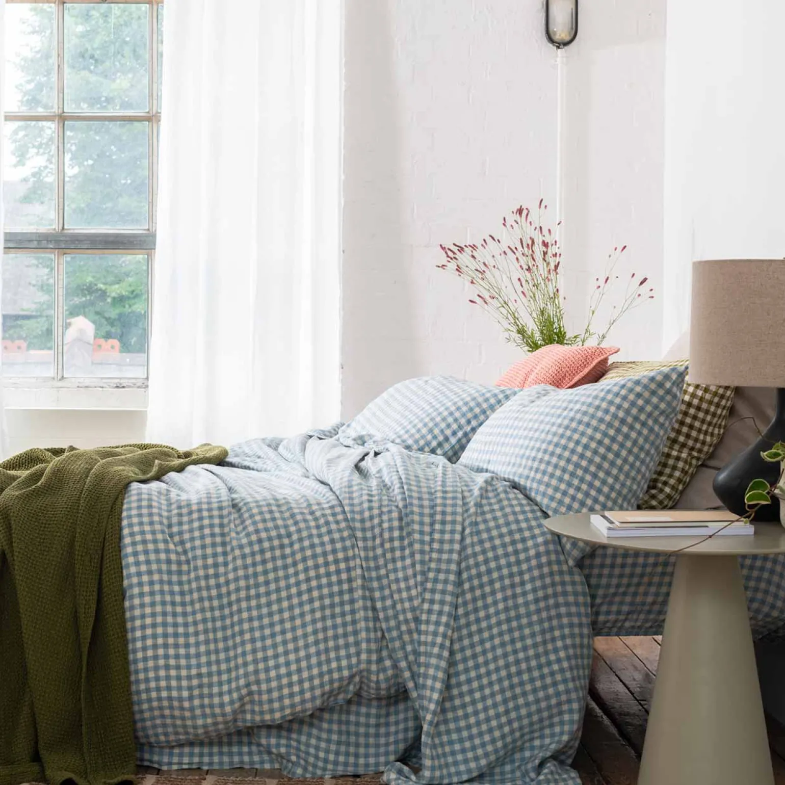 Warm Blue Gingham 100% Linen Flat Sheet